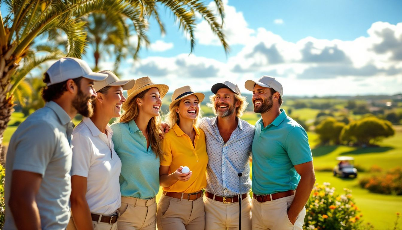 A group of friends enjoying an all-inclusive golf holiday in Portugal, showcasing camaraderie and fun.